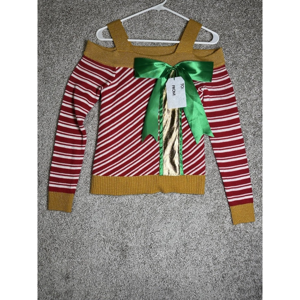 Ugly Christmas Sweater Gift Bow Candy‎ Cane Striped Cold Shoulder M